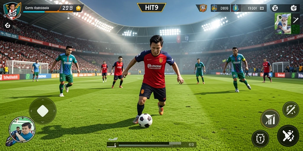 Screenshot gameplay HIT9 menampilkan aksi seru pemain di lapangan sepak bola.