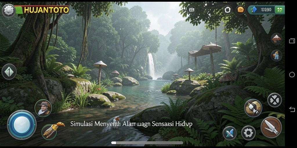 Screenshot gameplay HUJANTOTO menampilkan pemain menjelajahi hutan dengan cuaca yang cerah.