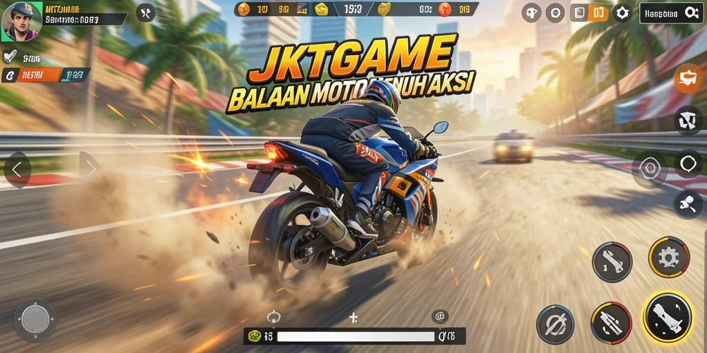 Gameplay seru dan menegangkan di JKTGAME saat balapan motor.