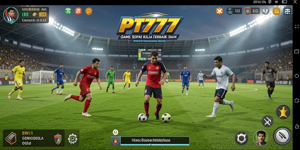 Screenshot utama PT777 menampilkan aksi seru dalam pertandingan sepak bola.