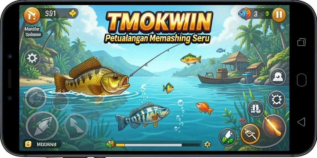 Tampilan gameplay menarik di TMOKWIN dengan berbagai ikan dan lokasi memancing.