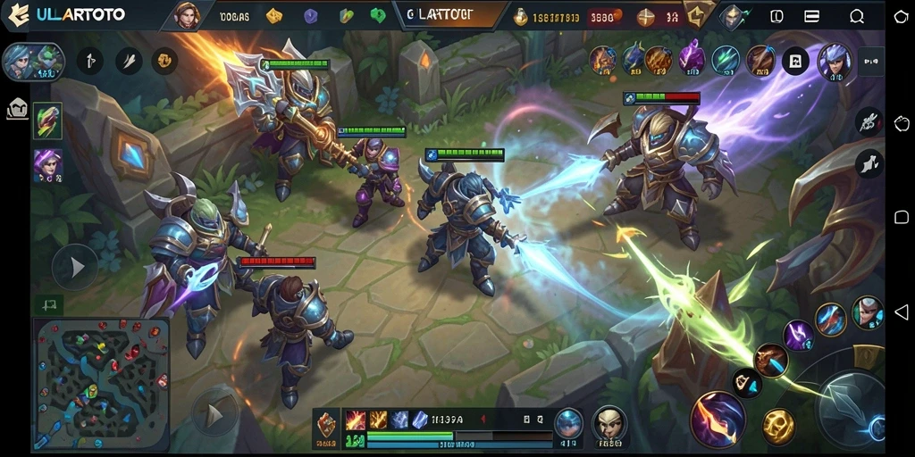 Tampilan seru gameplay MOBA ULARTOTO dengan pertarungan intens.